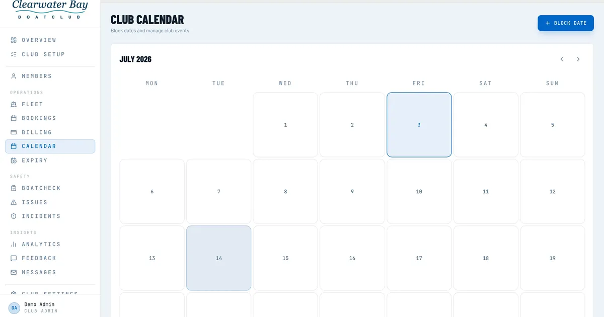 The Nauticore club calendar used to block dates for maintenance