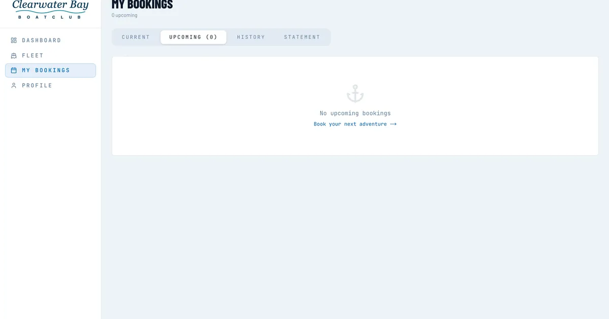 A member's bookings in Nauticore — upcoming sessions with cancellation rules visible