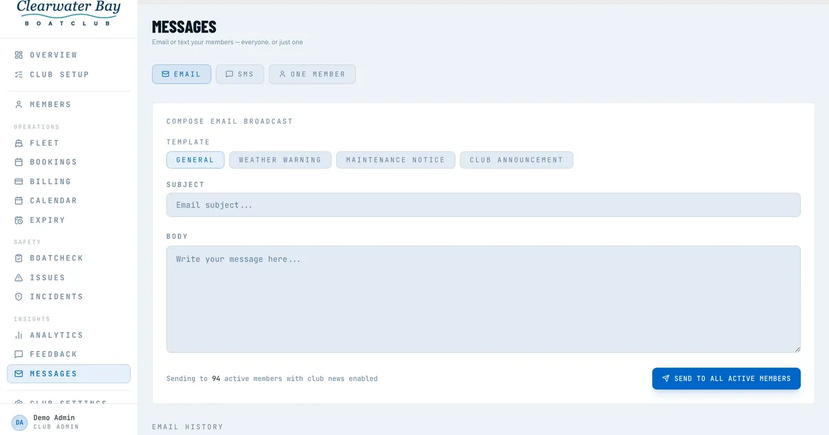 Nauticore Messages — composing a club broadcast with templates