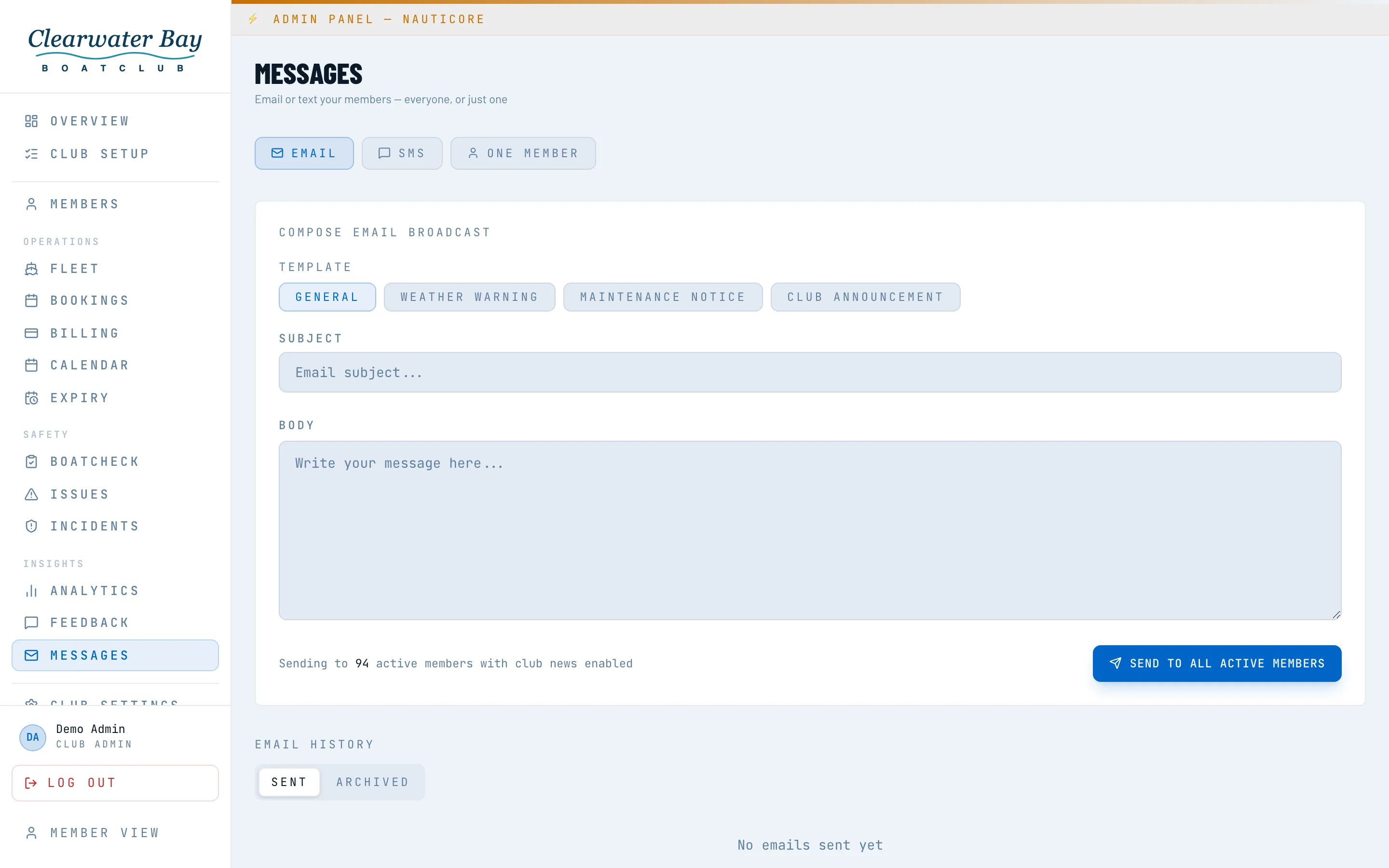 Nauticore messages — email and SMS broadcast composer with templates, plus a one-member tab