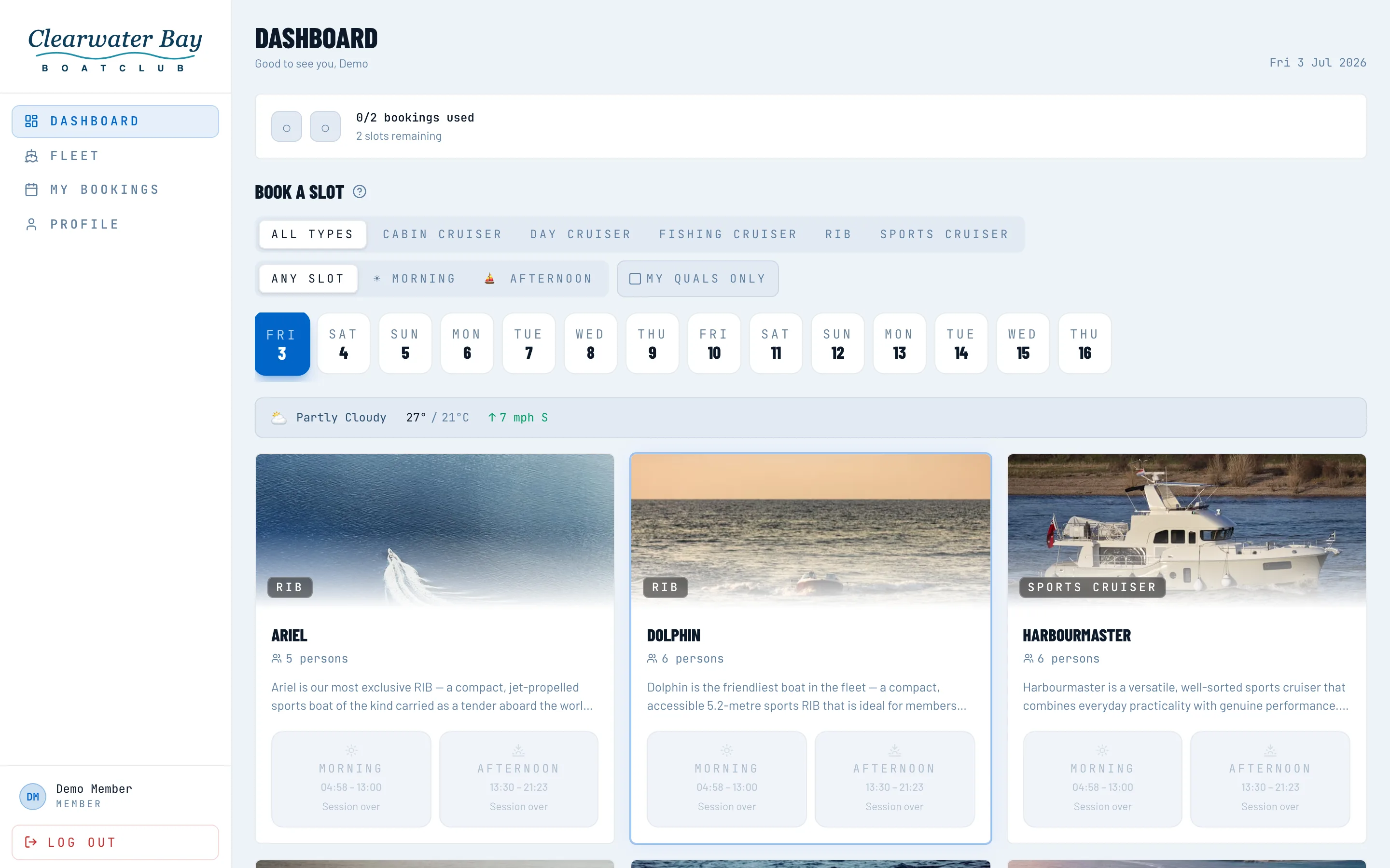 The Nauticore member dashboard — real boat photos, live weather, and one-tap morning or afternoon booking